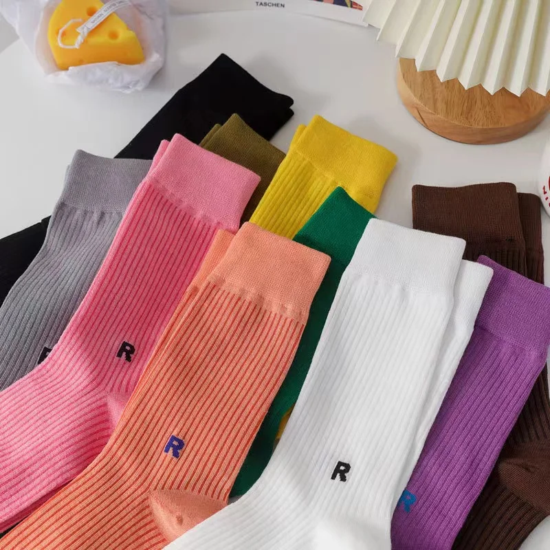 5Pairs Mixed Colors Letter R Series Socks For Women Solid Color Cotton Comfortable Women Socks Double Needle Knitted