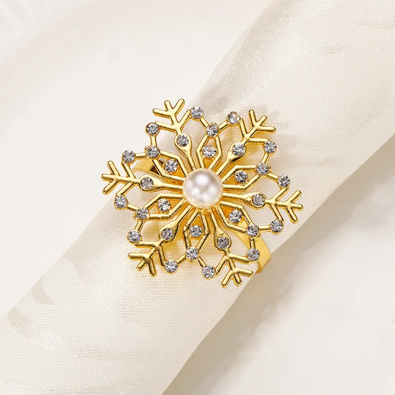 Snowflake Napkin Buckle Pearl Rhinestones Napkin Ring Christmas Metal Napkin Rings Restaurant Kitchen Table Decor Accessories