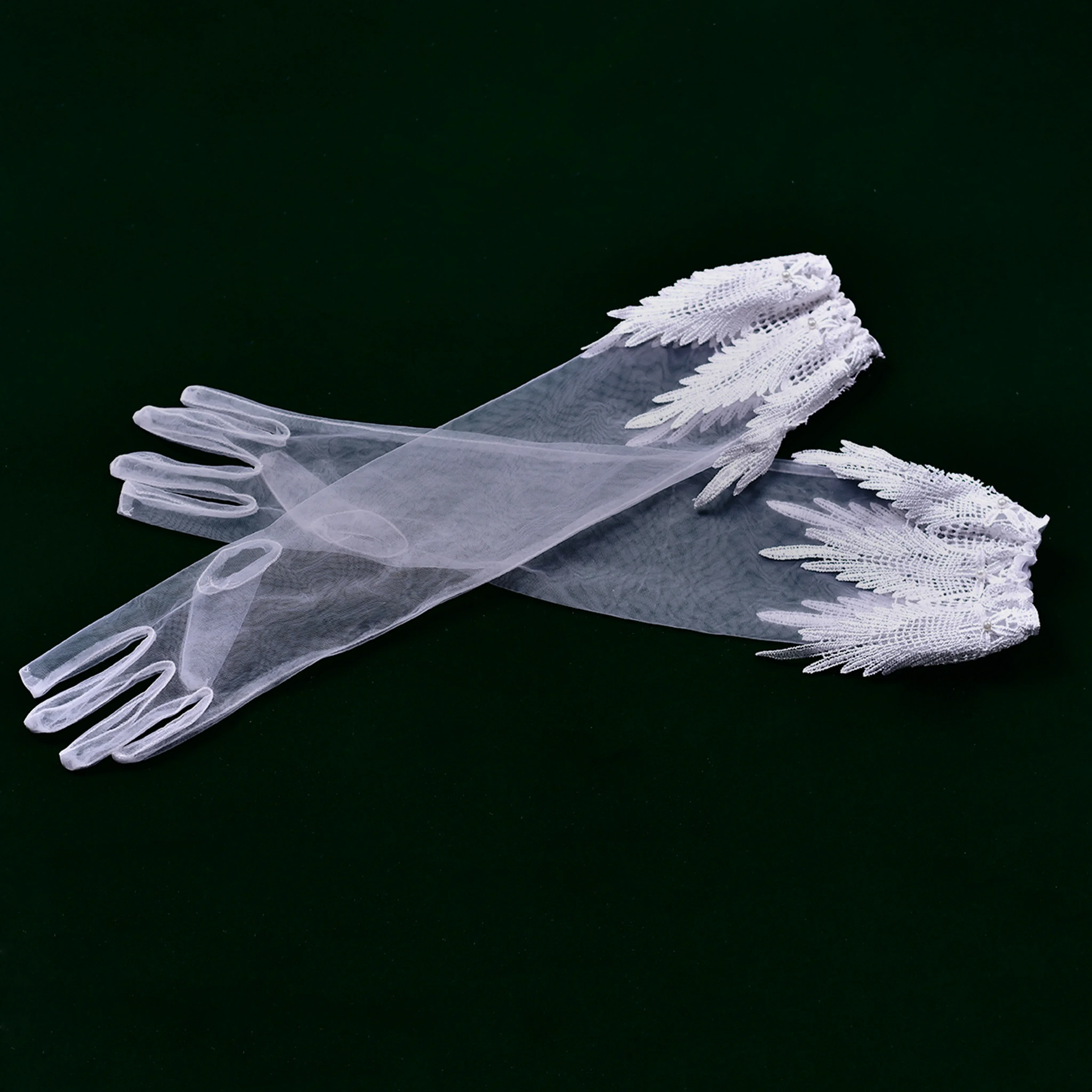 Luvas de casamento com borda de renda, luvas de noiva, comprimento do cotovelo, dedo branco, acessórios para festa de despedida de solteira de casamento para noiva