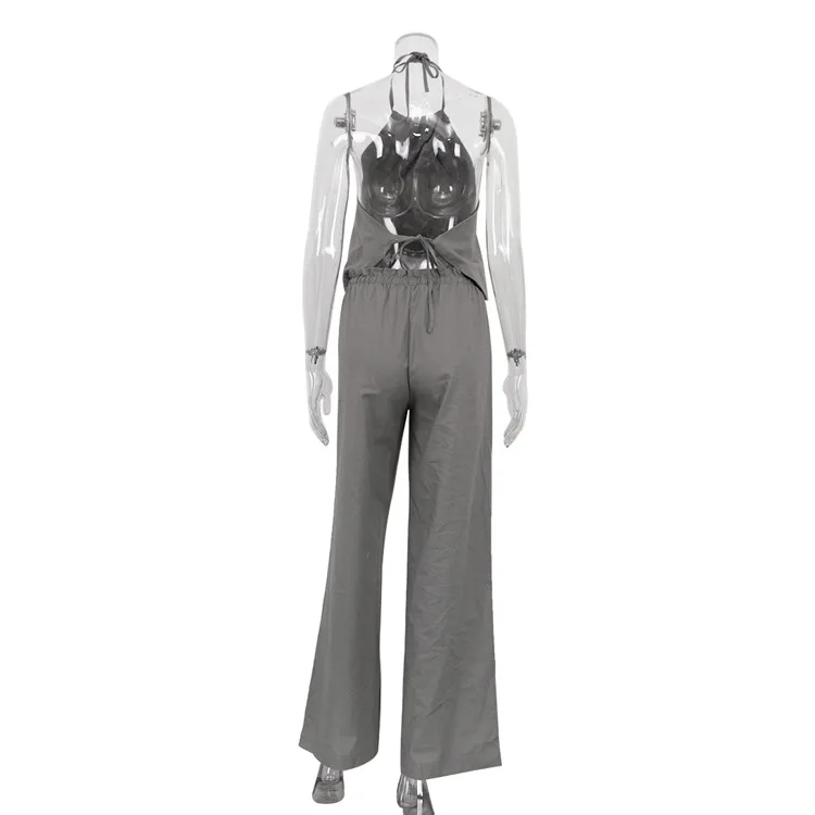 2024 sommer Halfter Ärmelloses Tank Top Mit Hoher Taille Breite Hosen Set Sexy Lose Grau Baumwolle 2 Stück Sets Frauen Outfit