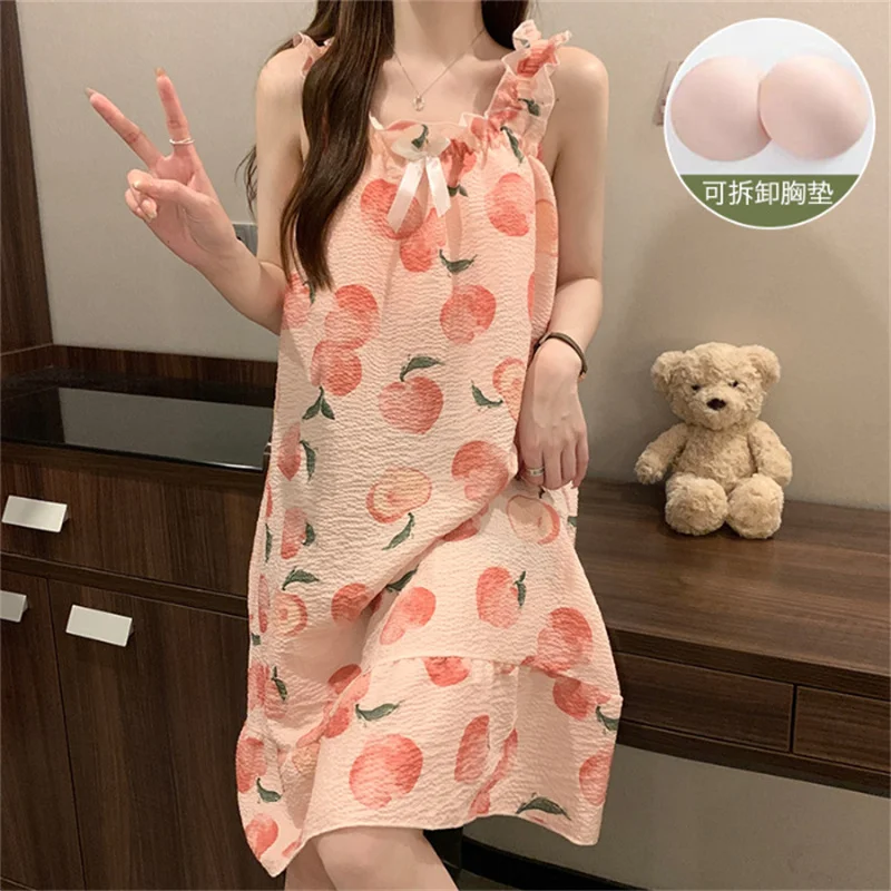 korean Reviews Many Pajamas Dress Sweet Sleeveless Summer Nightdress Print Cotton Women\'s Nightgowns Bra Pad Sleep Shirts