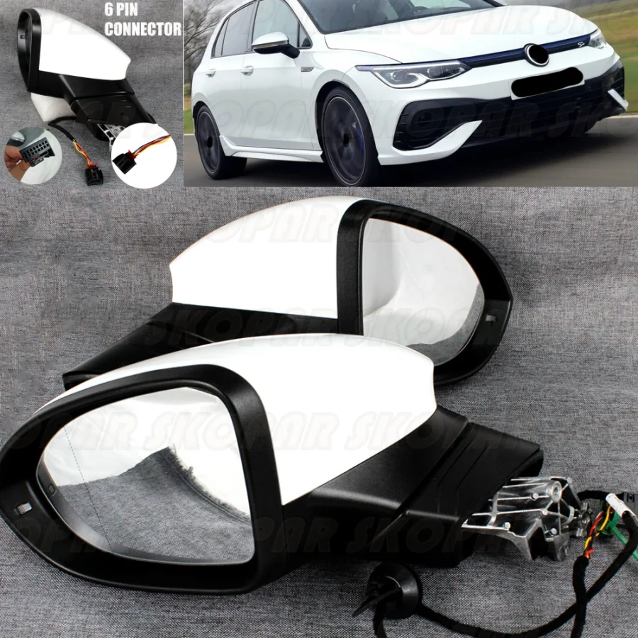 For VW Golf 8 MK8 LHD 2021 2022 2023 Car accessories 6 Pin white painted Heat Power Adjust Turn Signal Mirror Assembly