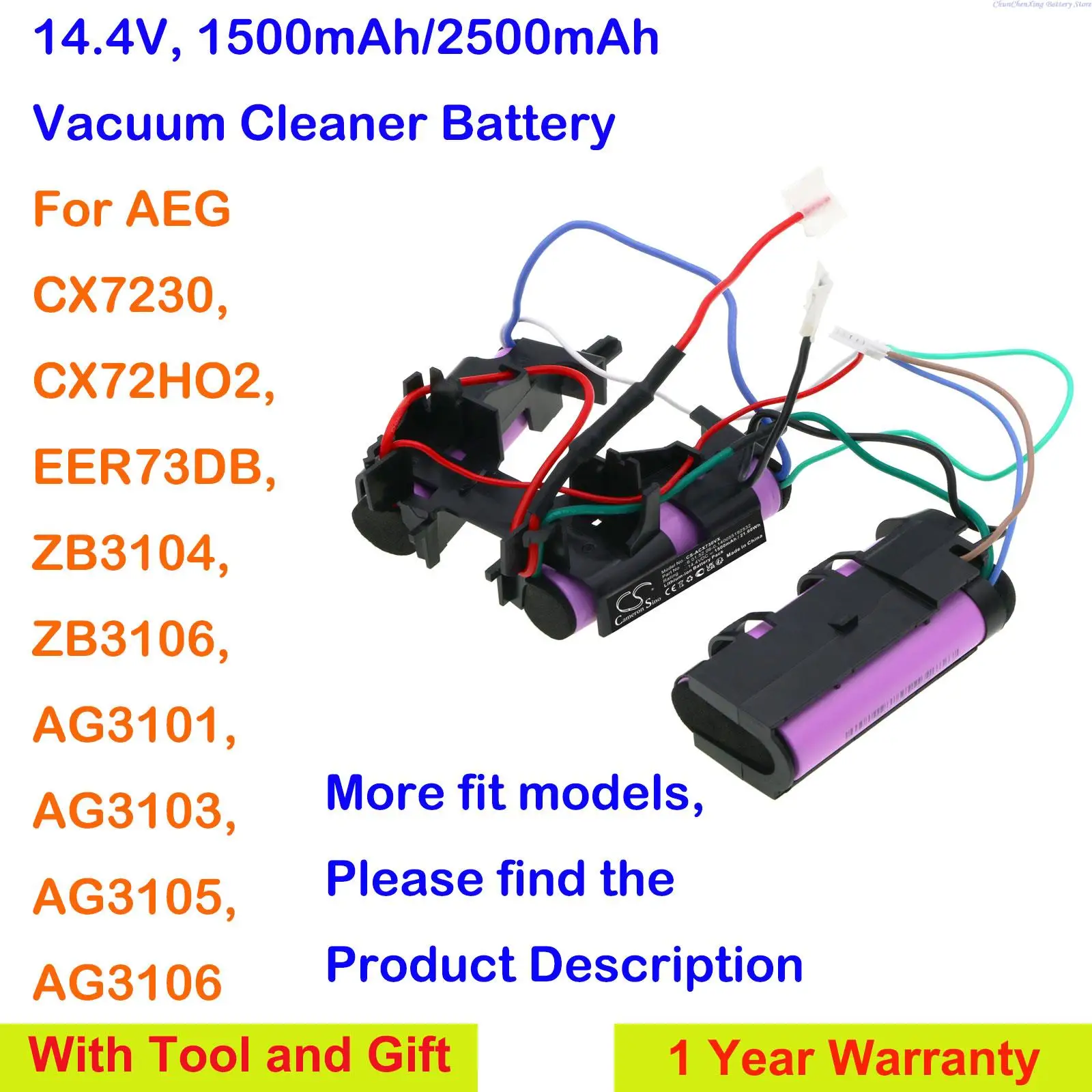 

CS 1500mAh/2500mAh Vacuum Cleaner Battery for AEG CX7230,CX72HO2,ZB3101,ZB3104,ZB3106,AG3101,AG3103,AG3105,AG3106,EER73BP