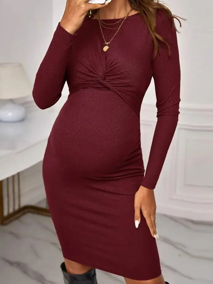 Solid Maternity Long Sleeve Dresses 2023 Autumn Pregnant Women Criss Cross Knitted Midi Dress Premama Clubwear Bodycorn Clothing