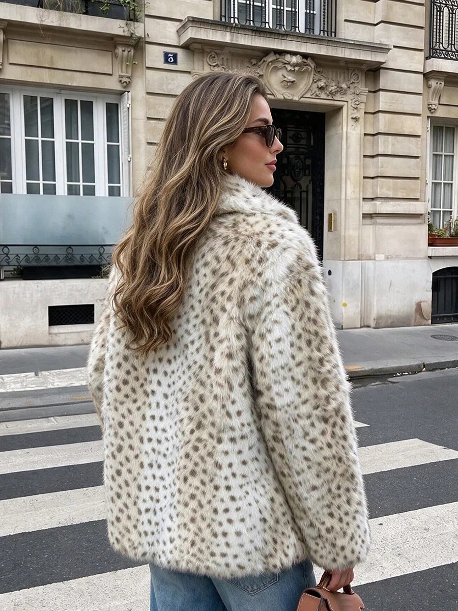 LIMO Women Dalmatian Print Faux Fur Coat Lapel Open Front Fluffy Jacket