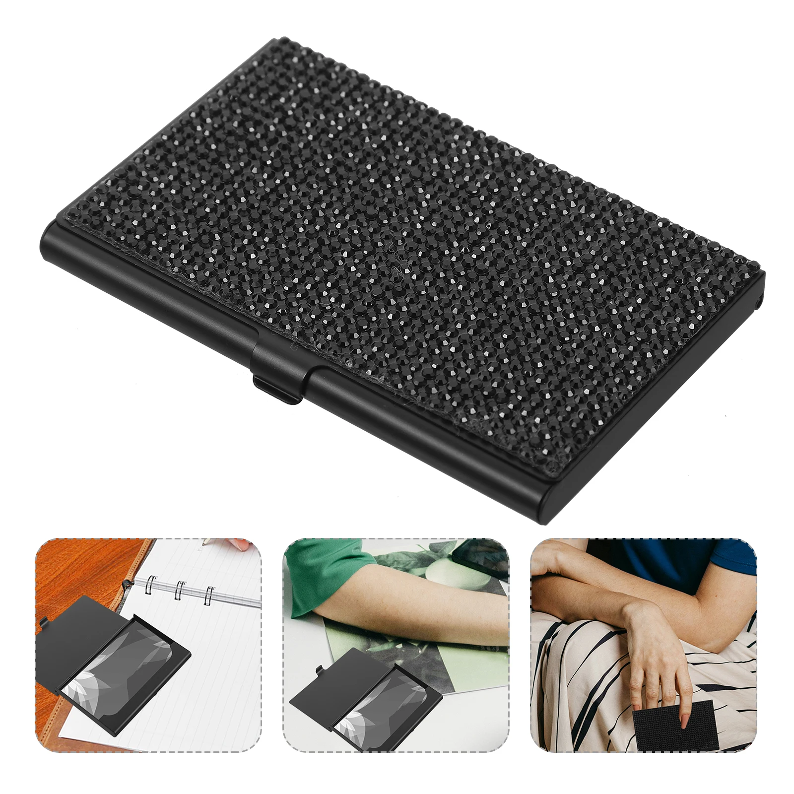 Water Drill Business Card Holder Rhinestone Metal Cards Container Organizer Compact Portable Large Capacity Easy Clean