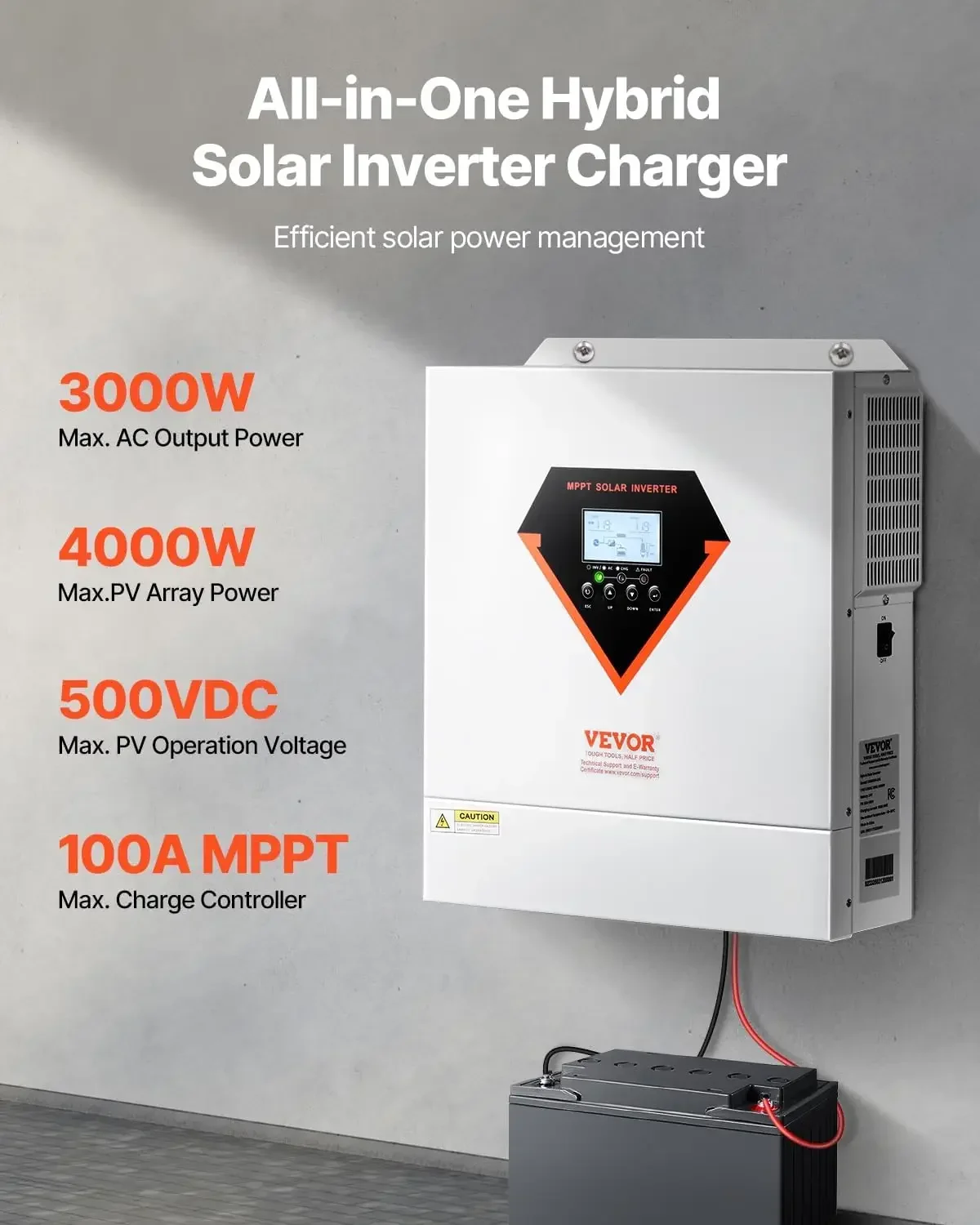 Hybrid Solar Inverter, 3000W, Single Phase Pure Sine Wave Power Inverter, 24V DC to 110/120V AC, with Built-in 100A MPPT Solar C