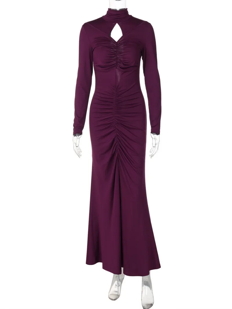 Chic Turtleneck Hollow Out Ruched Party Dresses Women Autumn Winter Folds Bodycon Tunics Evening Long Maxi Dress Purple Black