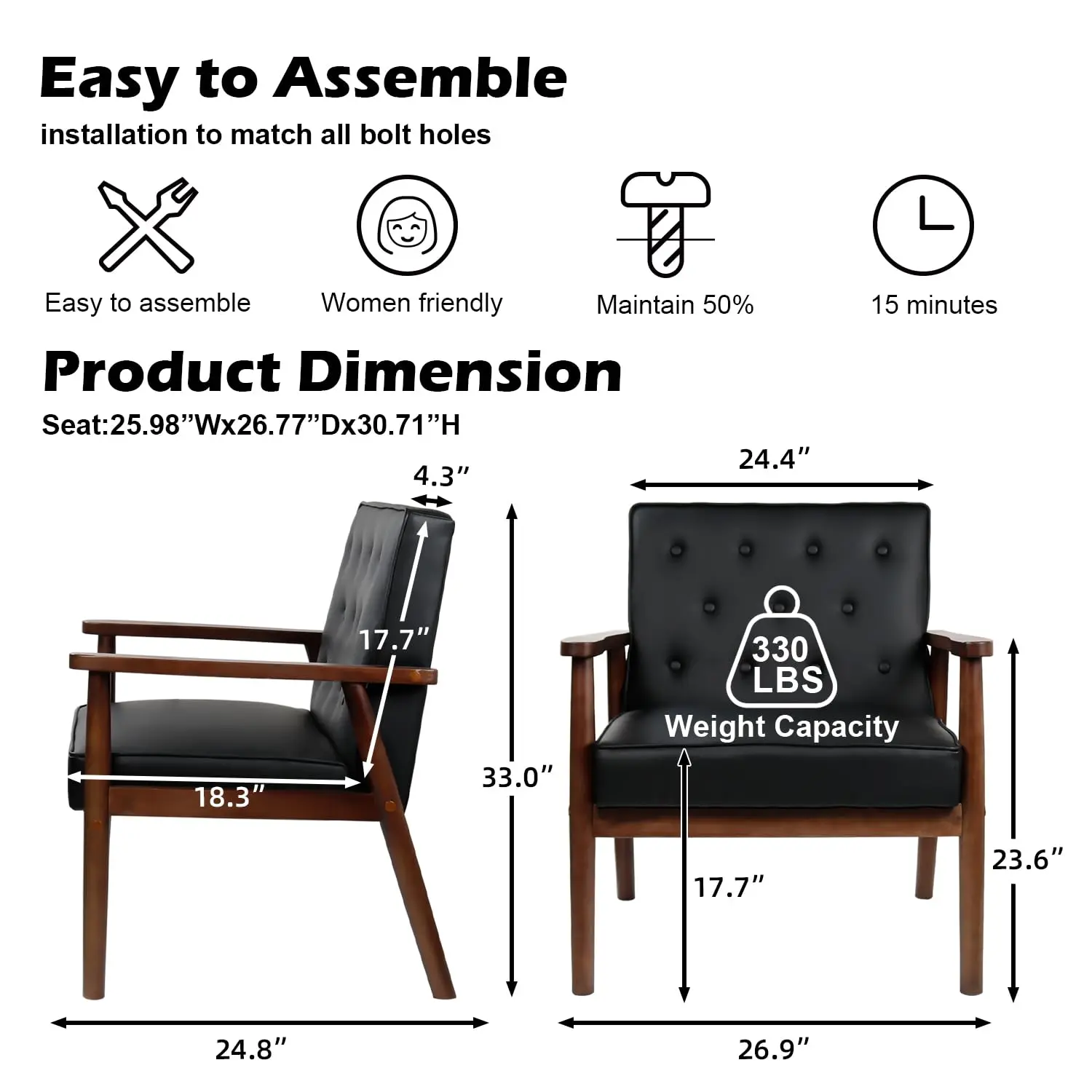 Mid Century Modern Accent Chair, Black Leather Armchair with Wood Arms for Office Lobby Waiting Room Living Room, Customized