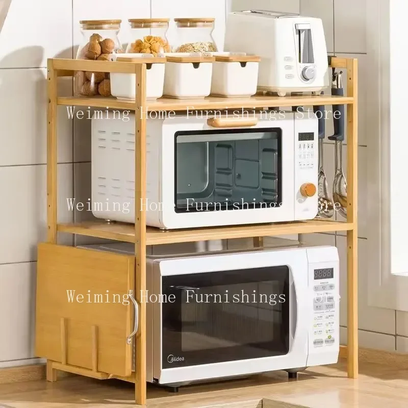 

New Kitchen Countertops Storage Shelf Multi-Layer Bamboo Adjustable Microwave Oven Shelf with Hanging Hook Chopping Board Holder