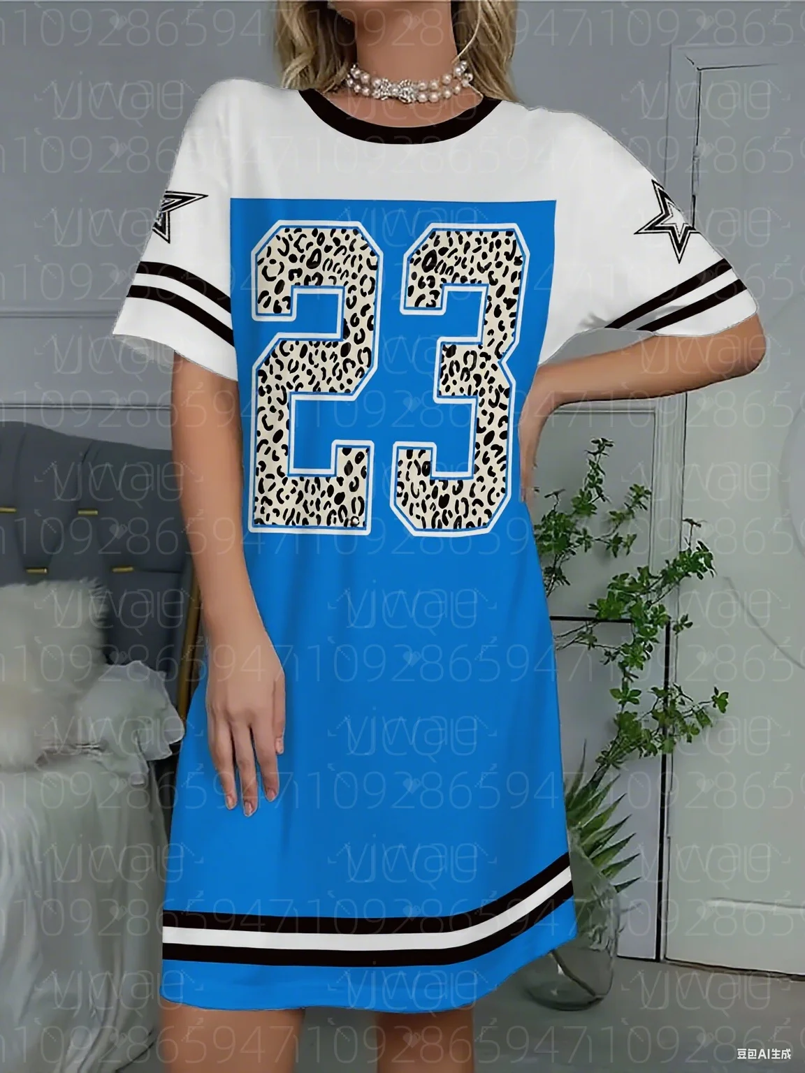 2025年夏 レディース Tシャツワンピース パジャマ風 カジュアル 23番プリント Oネック レディース半袖プルオーバーワンピース レディースナイトドレス