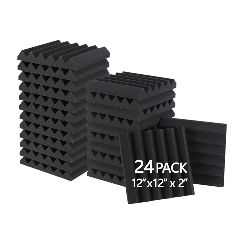 24 Piece Sound Proof Foam Panels 2X12x12inch Black Acoustic Foam Retardant Soundproof Foam For Noise Absorbing Canceling