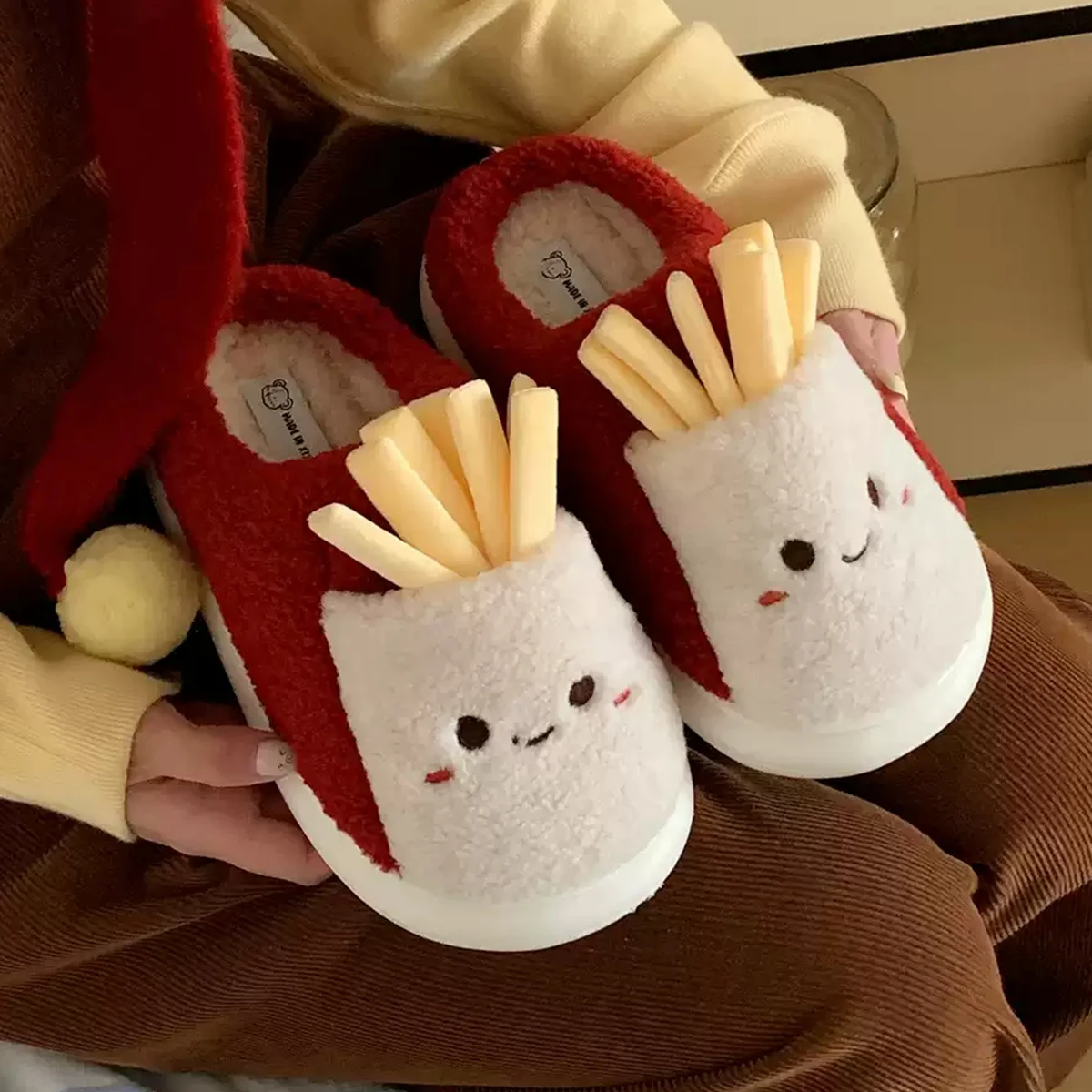 Home Shoes, Bedroom Non-Slip Cute French Fries Parent-Child Winter Warm Women's Cotton Slippers for Men and Women