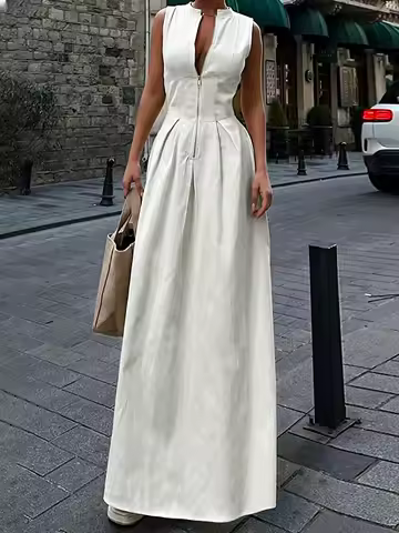 White Sleeveless Coolmax Maxi Dress | Women's Deep V Zip Front Pleated Waist Flowy Formal Evening Party Gown