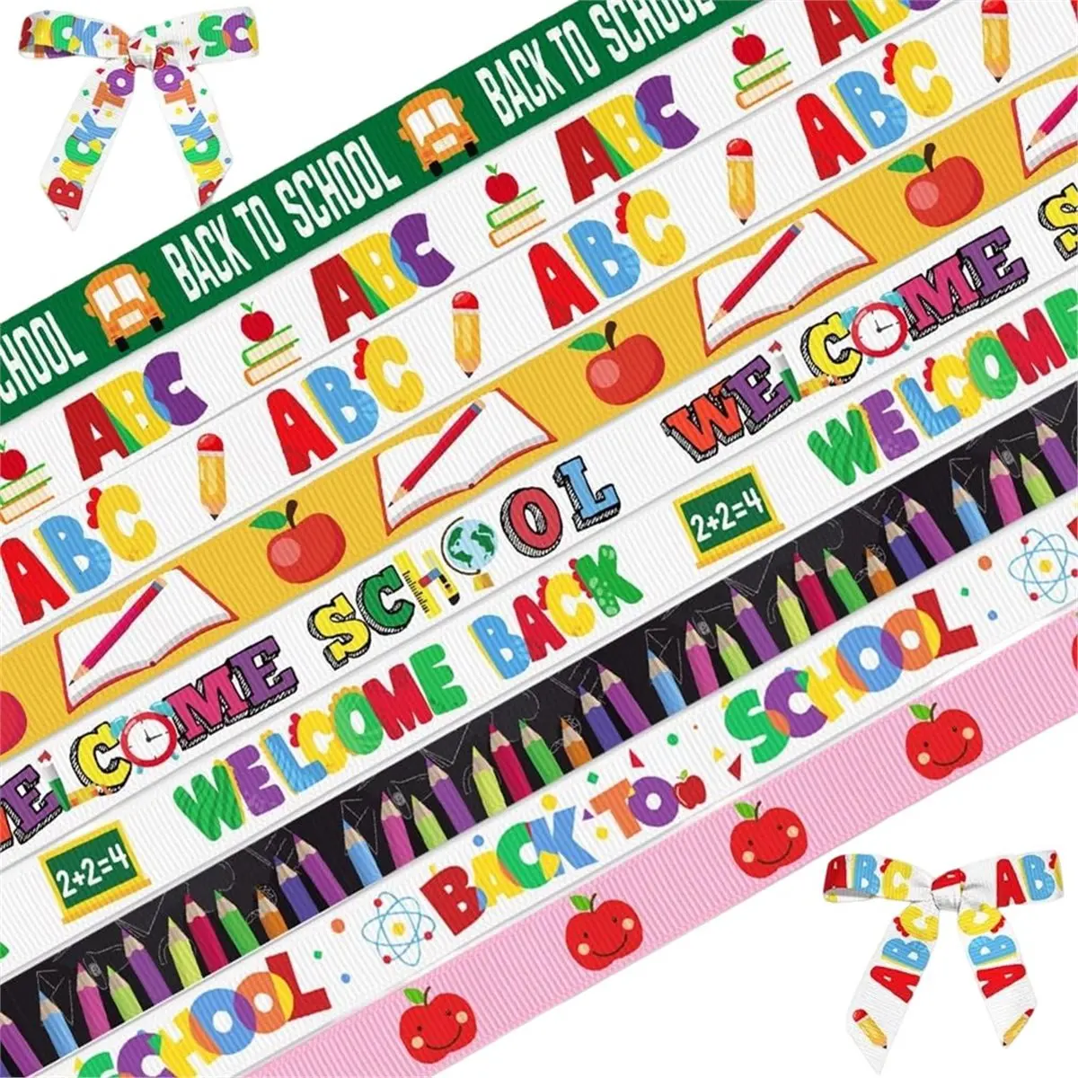 DT38 9 Rolls Back to School Ribbon for Crafts Bows Teacher Ribbon Ruler Ribbons for Wrapping Teacher Gift Party 3/8