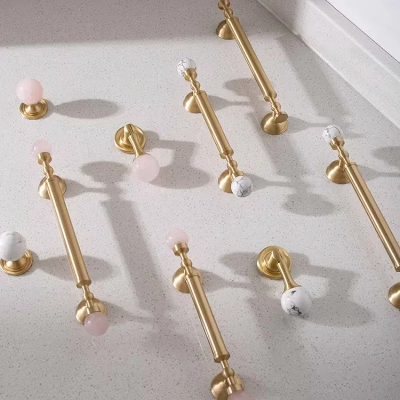 Green Wardrobe Cupboard Pulls Luxury Brass+Pink Crystal Handles and Knobs for Kitchen Drawer Door Pulls / White Decorative Knobs