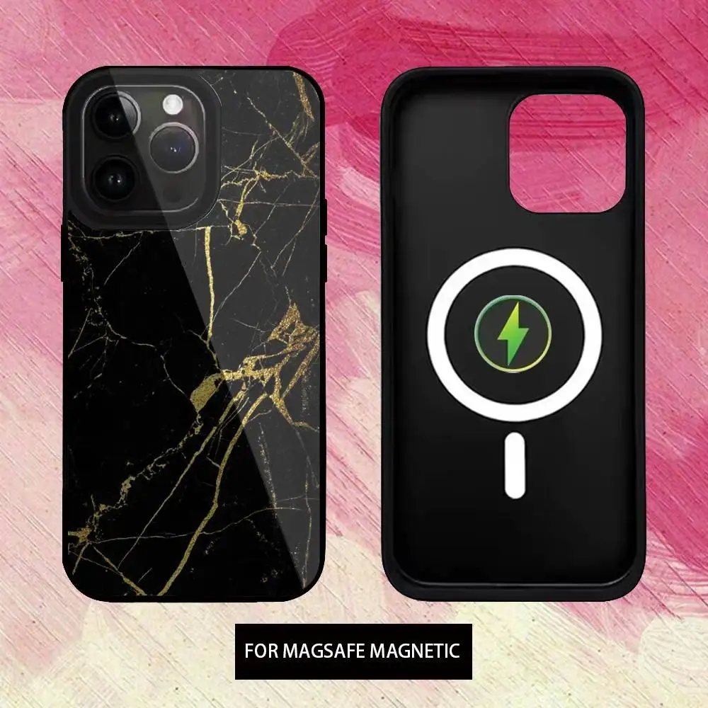 B-funda de teléfono de arte de mármol dorado negro para iPhone17,16,15,14,13,12,11 Plus, carga inalámbrica Magsafe magnética Pro Max