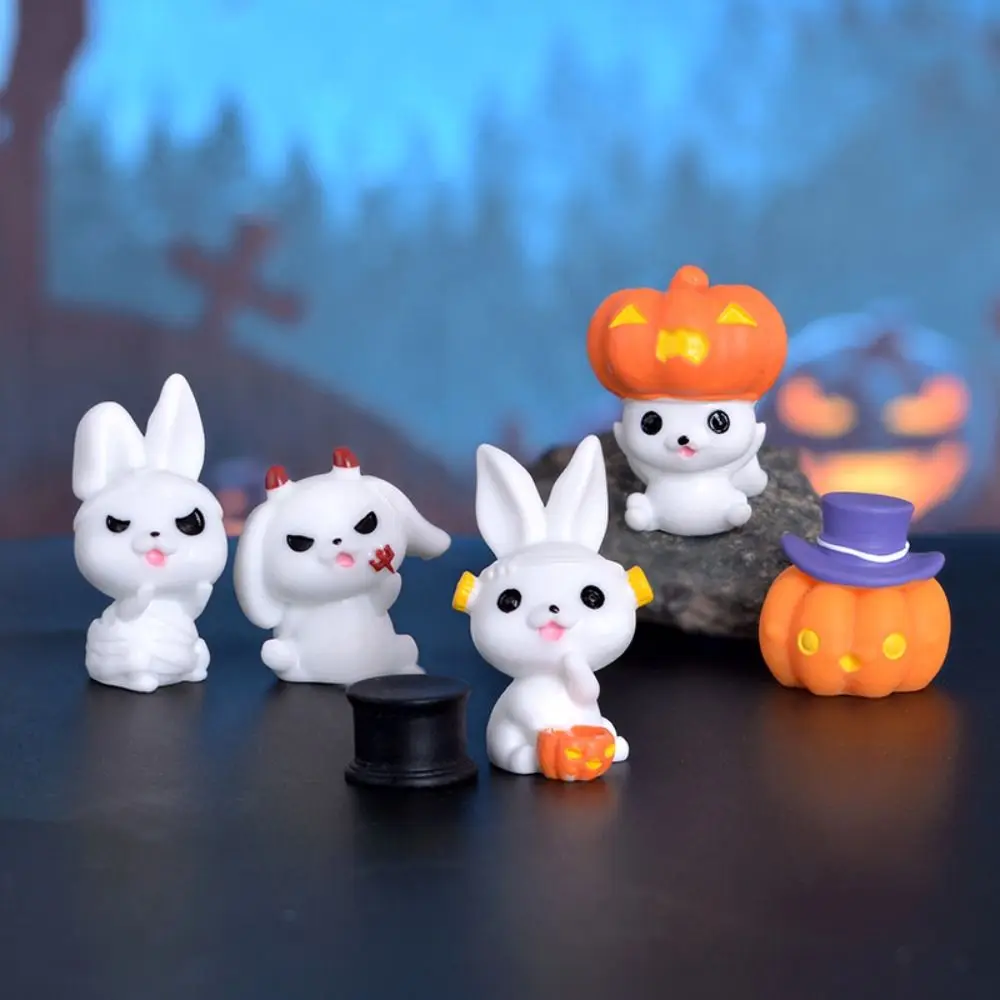 Cartoon Halloween Rabbit Ghost Figurines Pumpkin Black Cat Mini Rabbit Halloween Micro Figurine Resin Craft Cute
