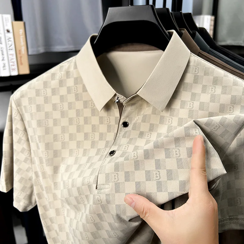 Summer New Business Casual Printed Short Sleeve T-Shirt For Men, Youth And Middle-Aged, Turn-Down Collar, Simple Men's