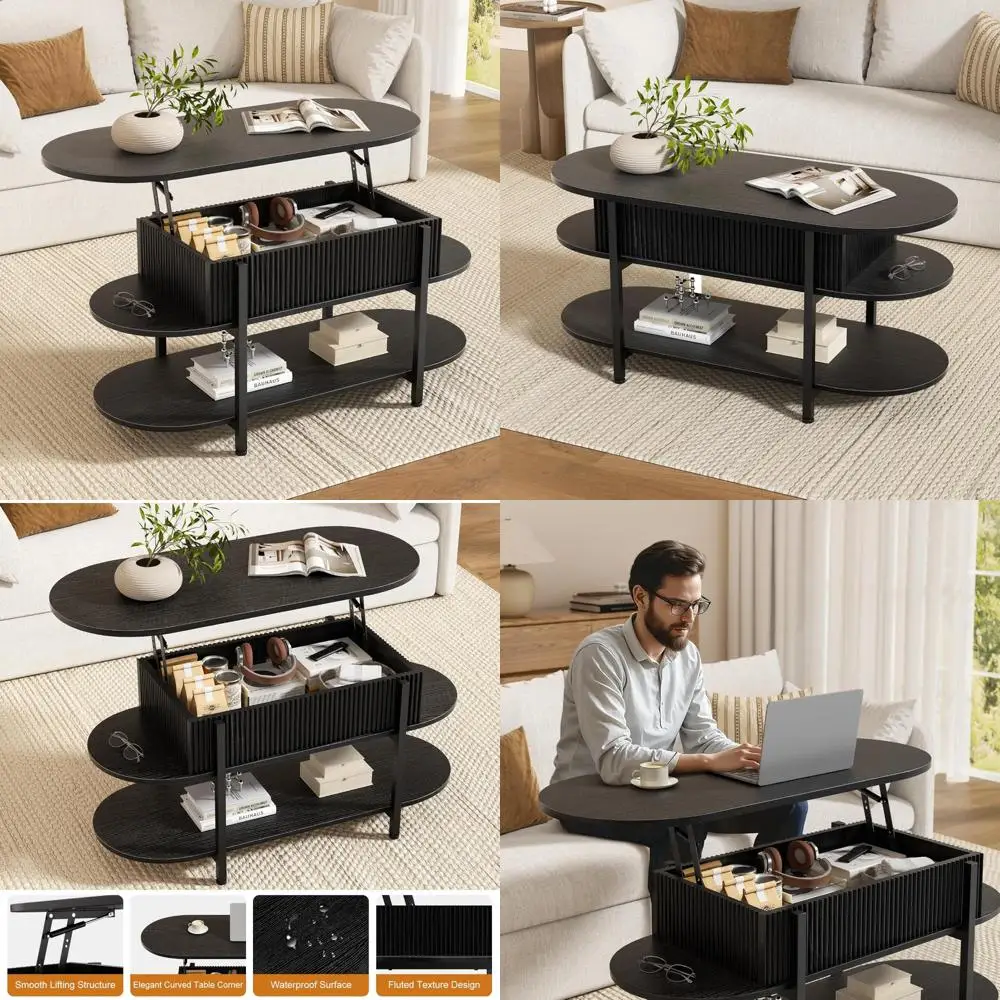 

Oval Lift Top Coffee Table with Fluted Wood Center and Hidden Storage, 3-Tier Curved Edge Tables, Modern Design
