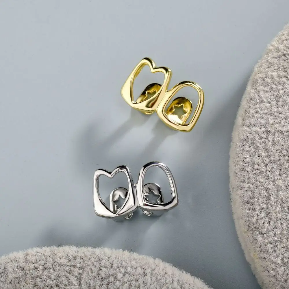 1/2pcs Hip Hop Hollow Heart Tooth Grillz Gold Color Rhinestone Wearable Tooth Jewelry Tooth Caps Zircon Charm Teeth Grillz Daily