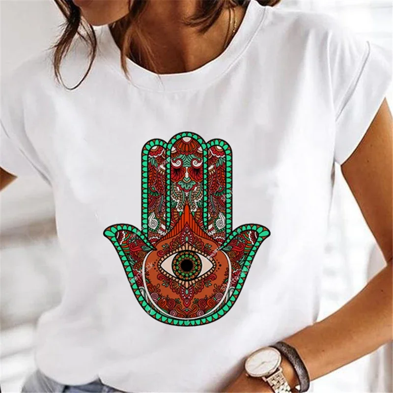 Sommer neue 90er Jahre Kurzarm Sommerkleid Hand von Hamsa Fatima Print O-Ausschnitt T-Shirt Top Mode Frauen lustige weiße T-Shirt.