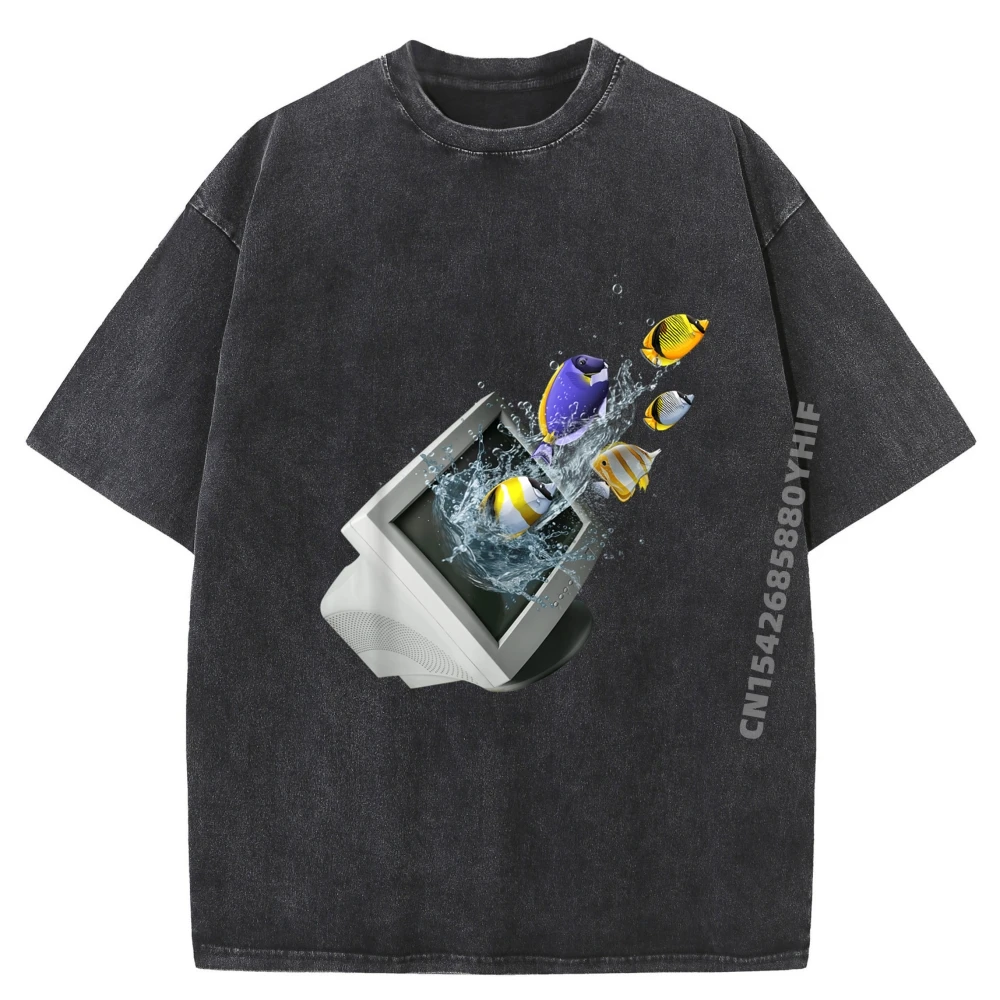 

Футболка с принтом Frutiger Aero Aesthetic Tech Computer Aquarium Fishes, мужская уличная одежда, потертые Camisetas Hombre
