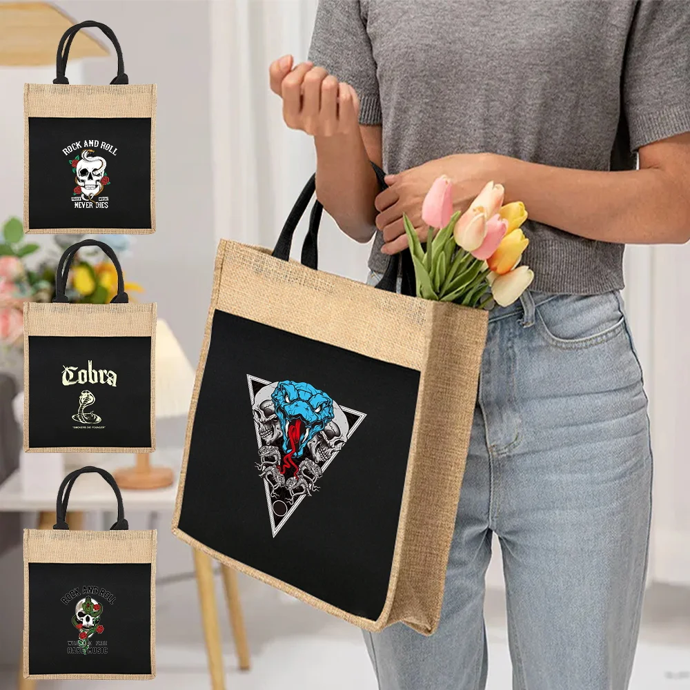 

Black Shopping Bags Reusable Linen Tote Bag Women's One-shoulder Tote Bag Cobra Pattern Print for Grocery Shopping Tote