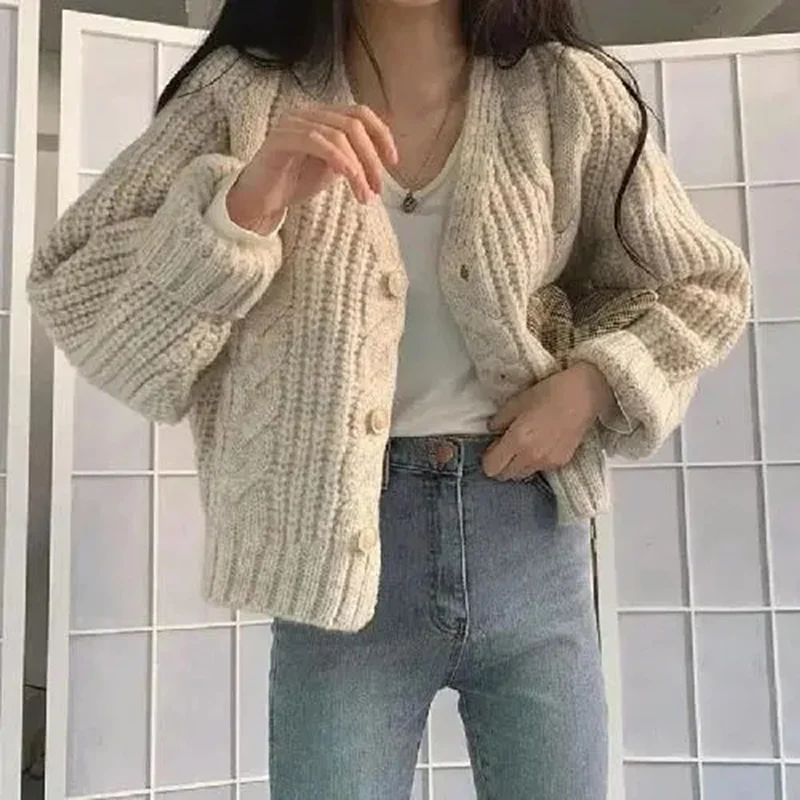 Korean Fashion Cropped Twist Cardigan Women 2024 Chic Long Sleeve Knitted Cardigans Woman Solid Color V Neck Sweater Jackets