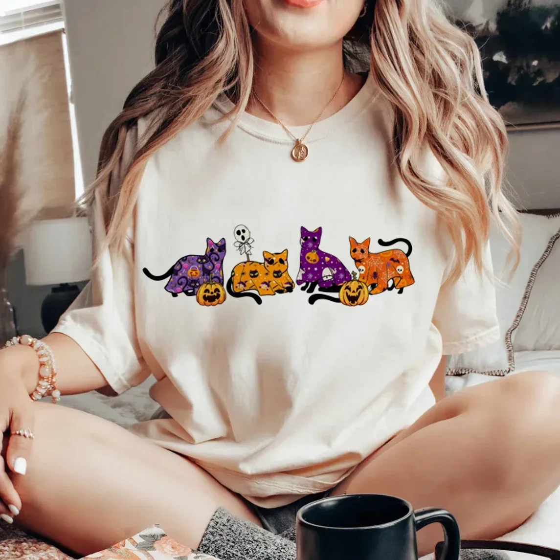 Women\'s Thanksgiving T-shirt Printed Halloween Cute Autumn Letter Pattern O-Neck Cute Versatile New Halloween T-shirt Clothing.