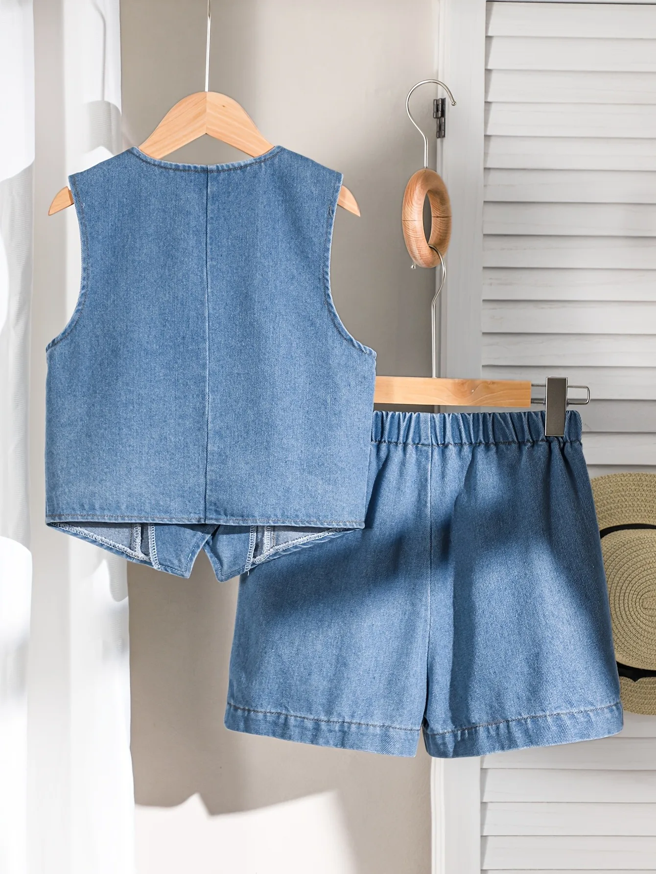 Soft Kids Girls Two Piece Denim Matching Suit, V-Neck Button Front Denim Vest + Loose Casual Shorts for School Wear Weekend Outd