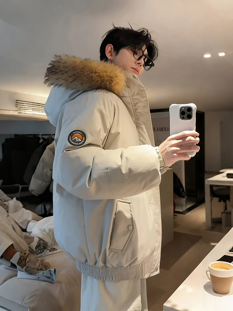 

Men's Winter Parka Jaet Hooded down Cotton Coat Large Fur Collar Anti-Cold Warmth Polyester Fiber Long Sve Zipper Closure