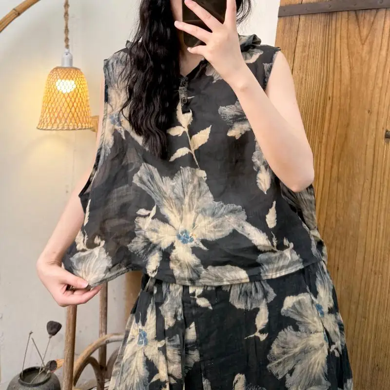 

Оригинальные летние новые женские топы без рукавов в художественном стиле с винтажным принтом и капюшоном, свободный топ Femme Ramie, майка хорошего качества HT23