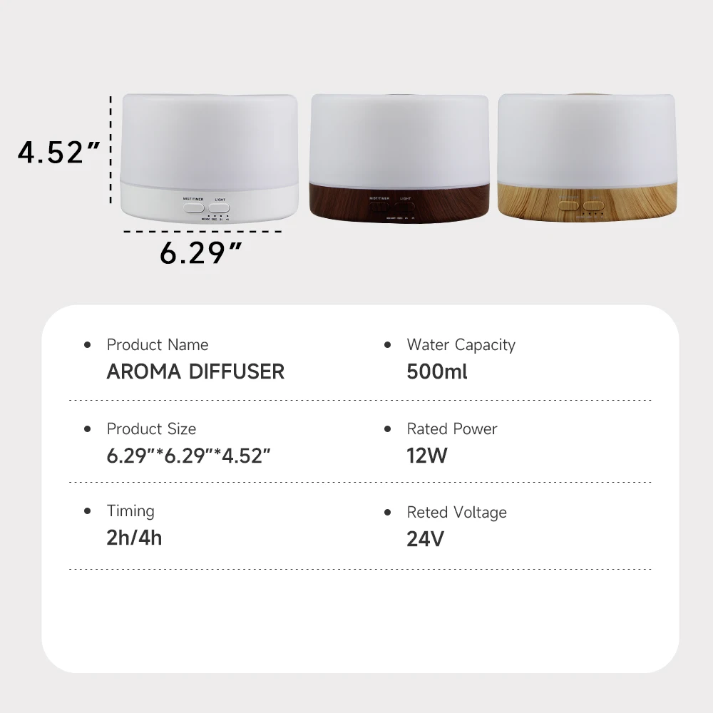 500ml Essential Oil Diffuser Quiet Aroma Mist Diffusers Scent Diffuser Wood Grain Remote Control Ultrasonic Air Humidifier