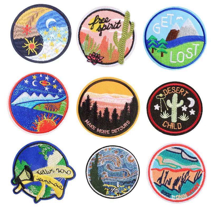 

Round Landscape Badge Patches for Clothing Iron on Embroider Sew Applique Cool Fabric DIY Apparel Patch Accessories Decoration