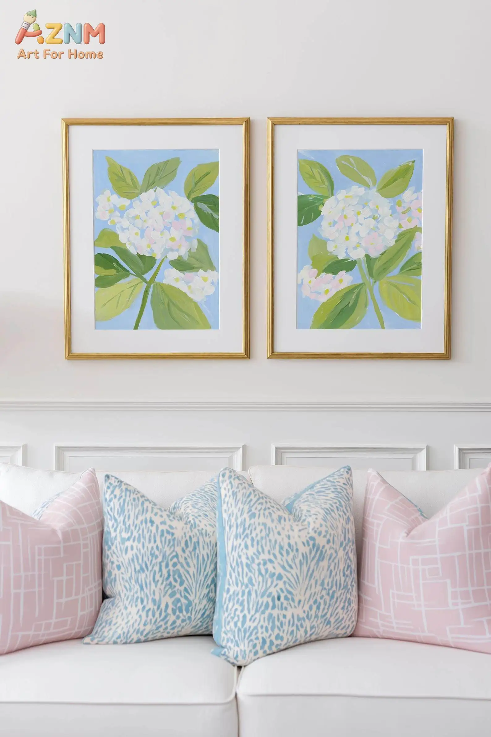 Whimsical Hydrangea Painting Set of 2 : Pastel Abstract Dorm Wall Art