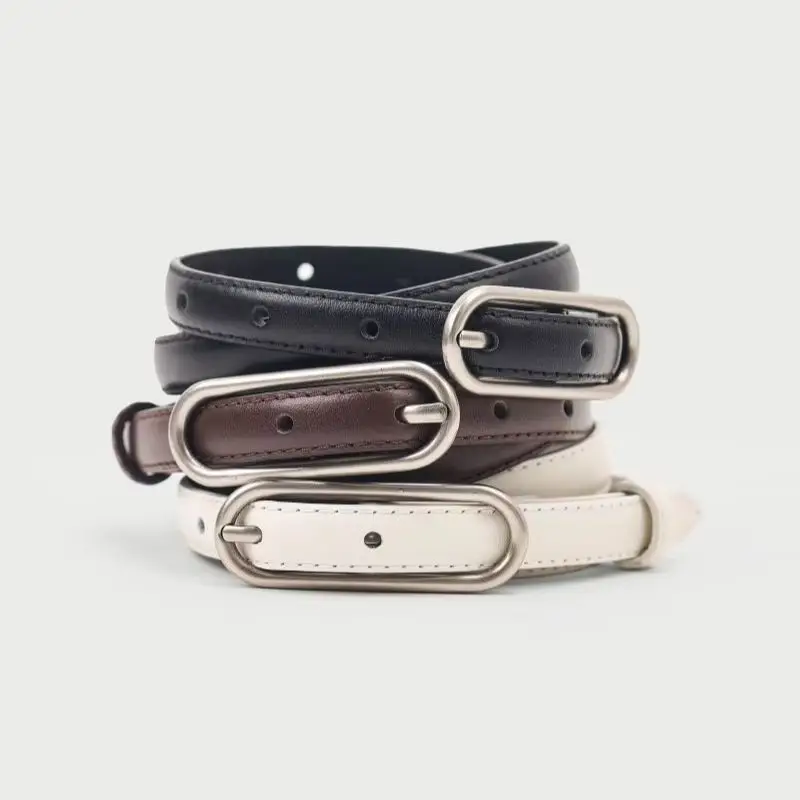 Retro distressed silver buckle thin belt for women, 2026 new genuine leather belt, fashionable and versatile accessory