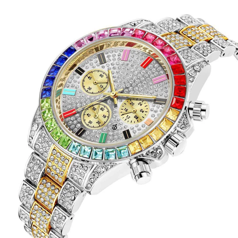 Hip Hop Diamond Watch Three Eye Diamond Watch Iced Out Pave Bling Colored Diamond Wristwatch Mens Calendar Quartz Bracelet Watch