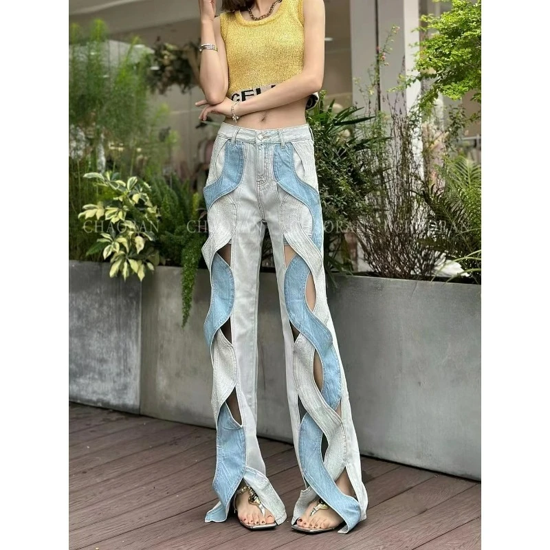 2026 New Detached Hollow Denim Straight Mopping Pants Loose and Thin Casual Versatile Long Trendy Temperament  Commute Trousers