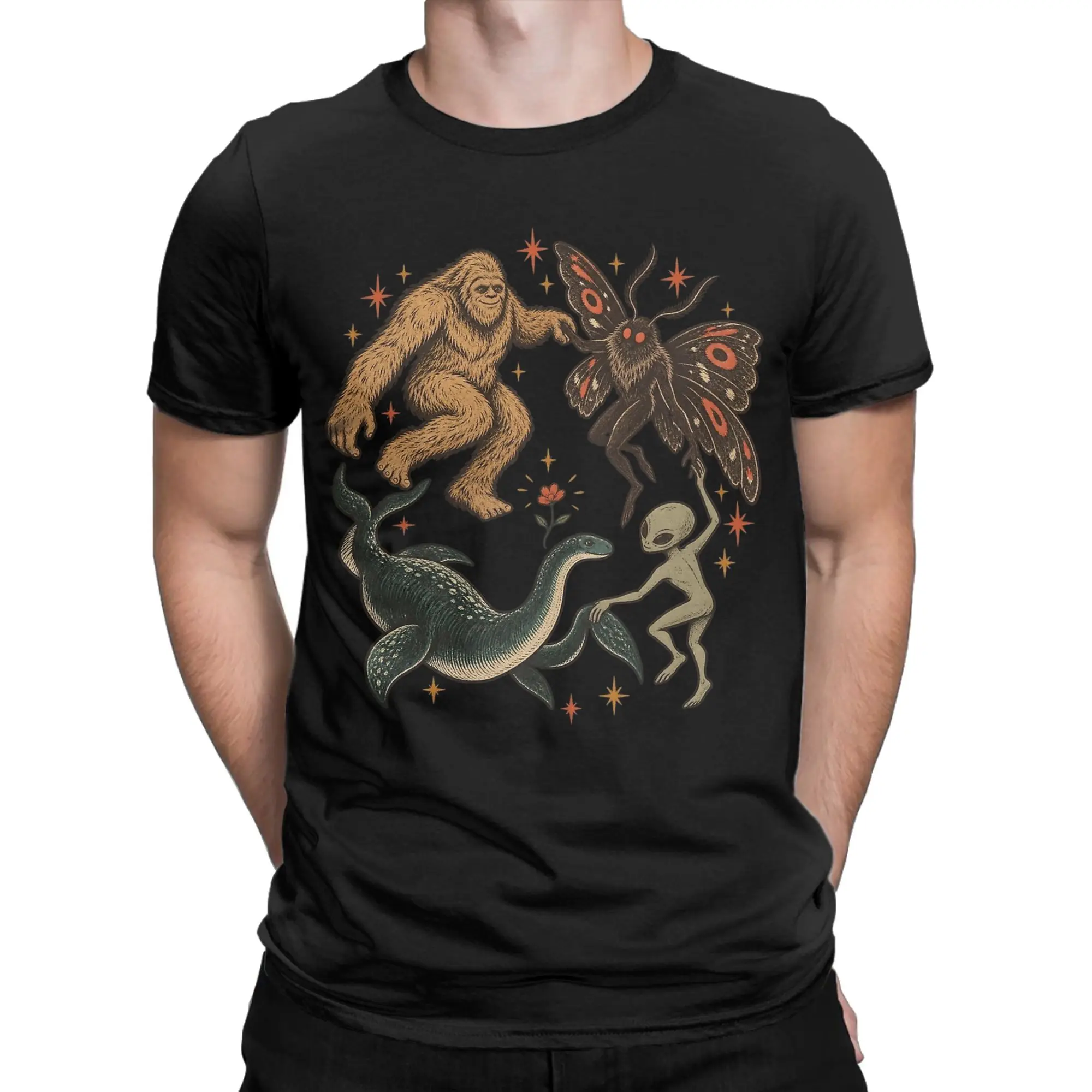 Dancing Cryptids Bigfoot Mothman Alien T Shirts Pure Cotton Novelty T-Shirts Round Collar  Tee Shirt Clothing Plus Size