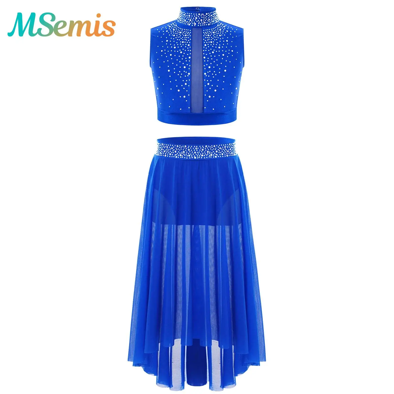 

Kids Girls Shiny Rhinestones Gymnastics Ballet Lyrical Dance Performance Costume Praise Outfit Crop Top with Side Slit Skirt