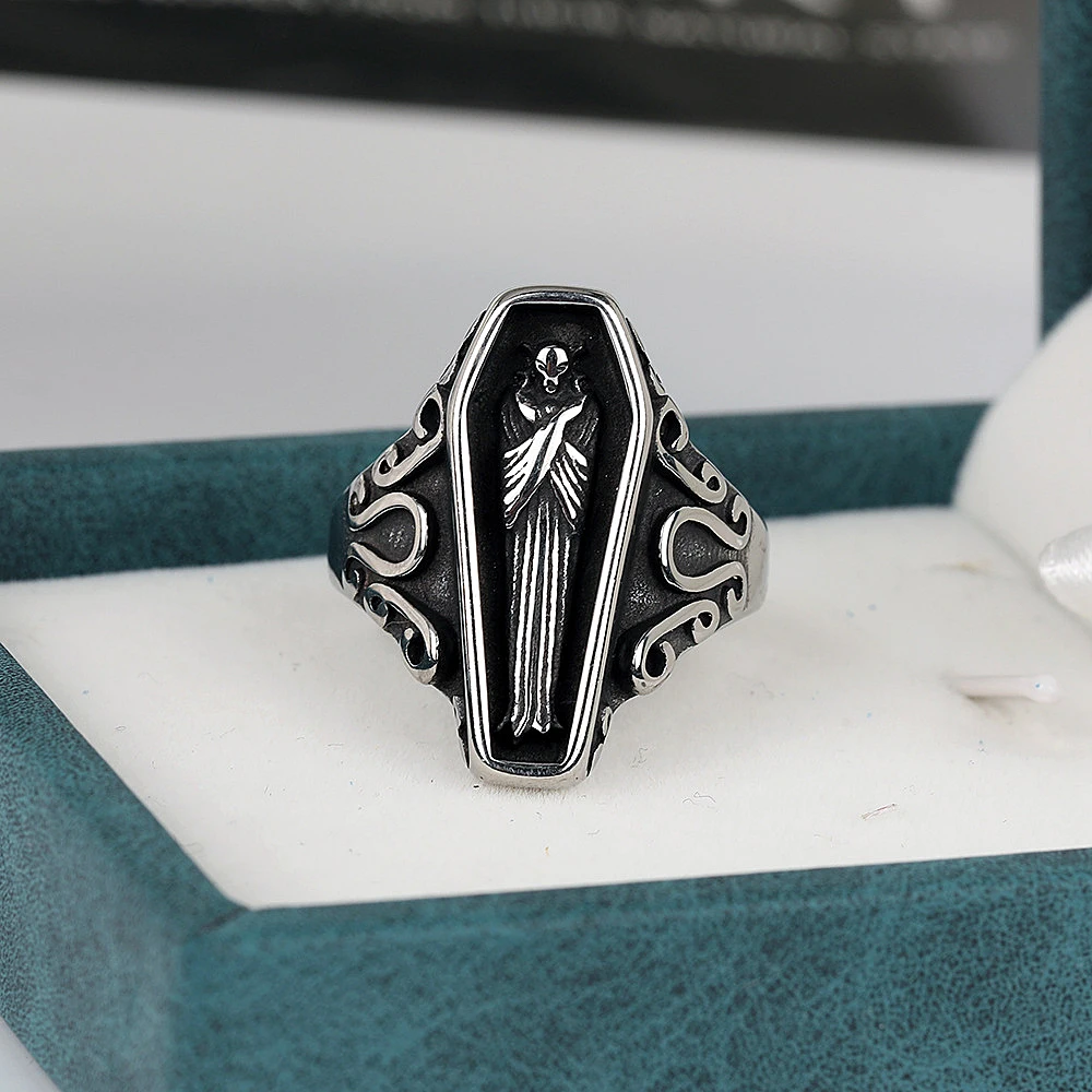 Gothic Egyptian Mummy Skull Rings For Men Punk Hip Hop Street Black Stainless Steel Vampire Coffin Ring Jewelry Gift Wholesale