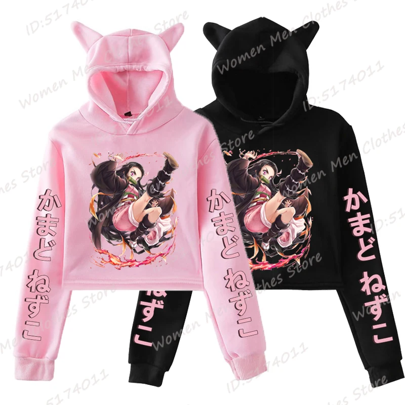 

Cute Kamado Nezuko Print Hoodies Crop Tops Women Casual Long Sleeve Cropped Hooded Anime Hoodies Streetwear Cat Ear Pullovers