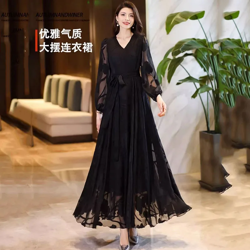 2024Spring Women Chiffon Dress Y2k Bohemian Casual Beach Clothes Party Oversize Dress Elegant Long Sleeve Fashion Dresses Female