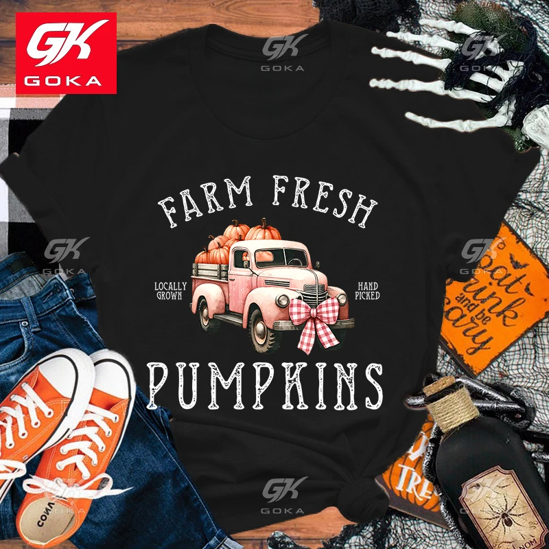 Nowy Halloween Farm Fresh Pumpkins Print Bawełniana koszulka damska Hip Hop Krótki rękaw Kobiece koszulki casualowe Okrągły dekolt Topy Tees