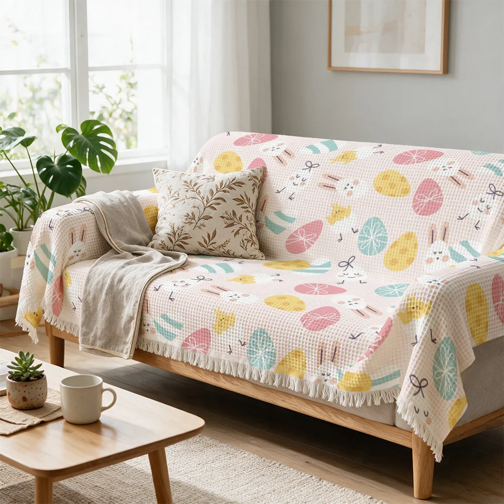 Cute Bunny Egg Pattern Throw Blanket for Sofa Spring Easter Decor Cozy Throw Sofa Throw Blanket Beige Living Room Seasonal Home