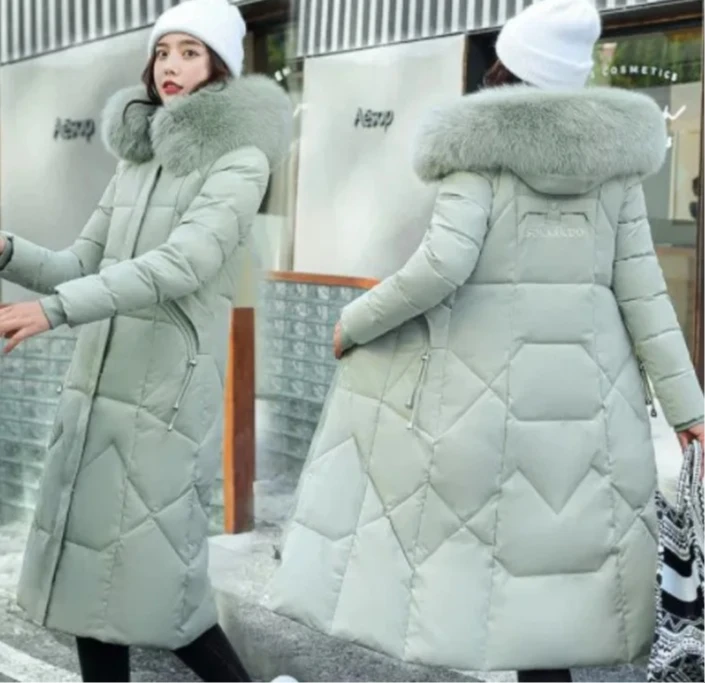 Damen-Winter-Daunenjacke, elegant, mit Kapuze, Pelzkragen, dick, wärmend, schmale Passform, koreanische Mode, mittellang