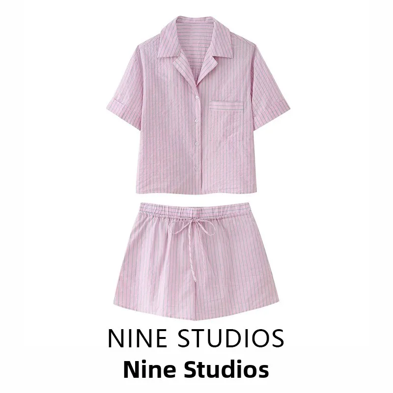 

New NINE ZA Women's Striped ort Sve irt And orts Faion Set Spring 2025 Button up Two Piece Ensemble