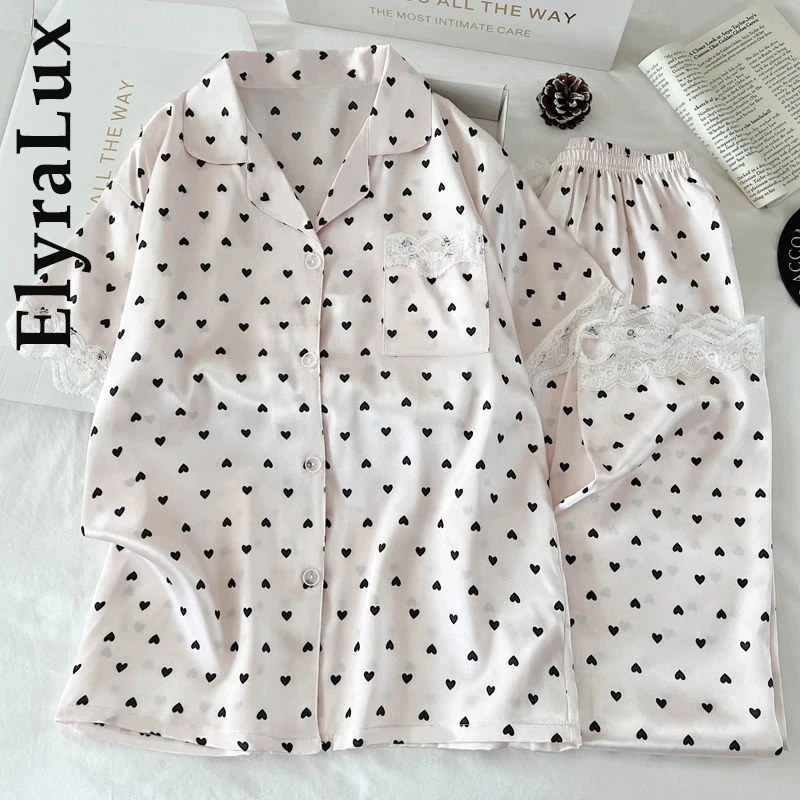 

ElyraLux Autumn Pajama for Women Short Sleeve Pants Two-Piece Sets Spring Loungewear Heart Print Comfortable Soft Style Casual