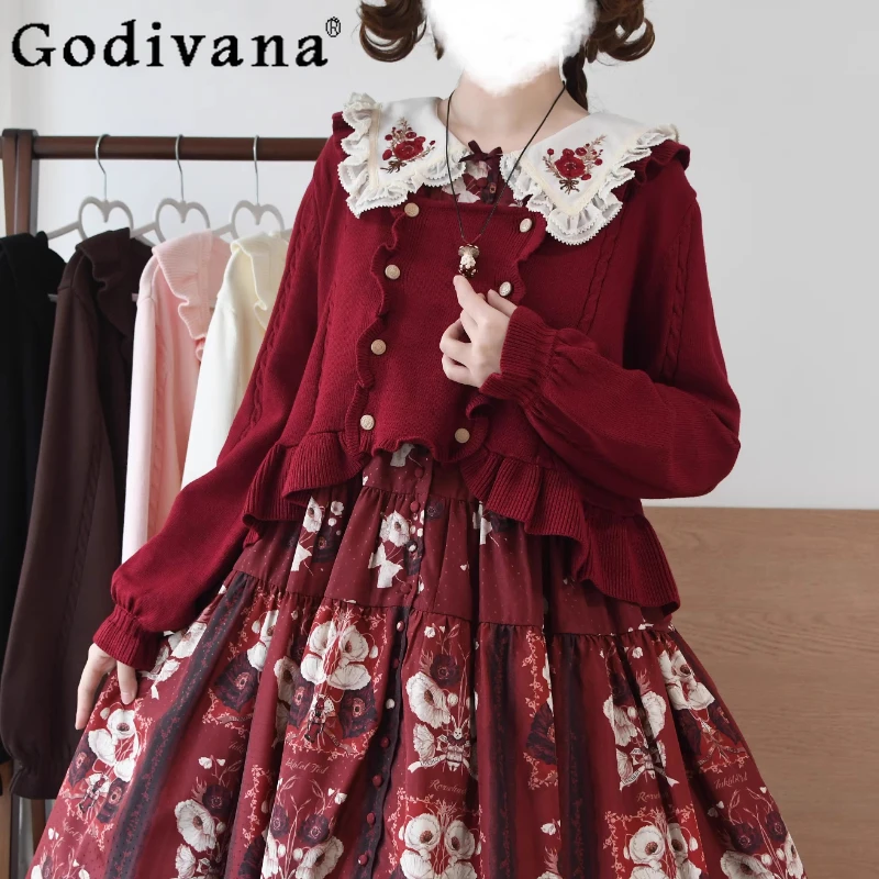 

Оригинальный японский мягкий короткий вязаный кардиган для девочек, весна-осень, новинка 2025 года, женская милая двубортная вязаная куртка с рюшами